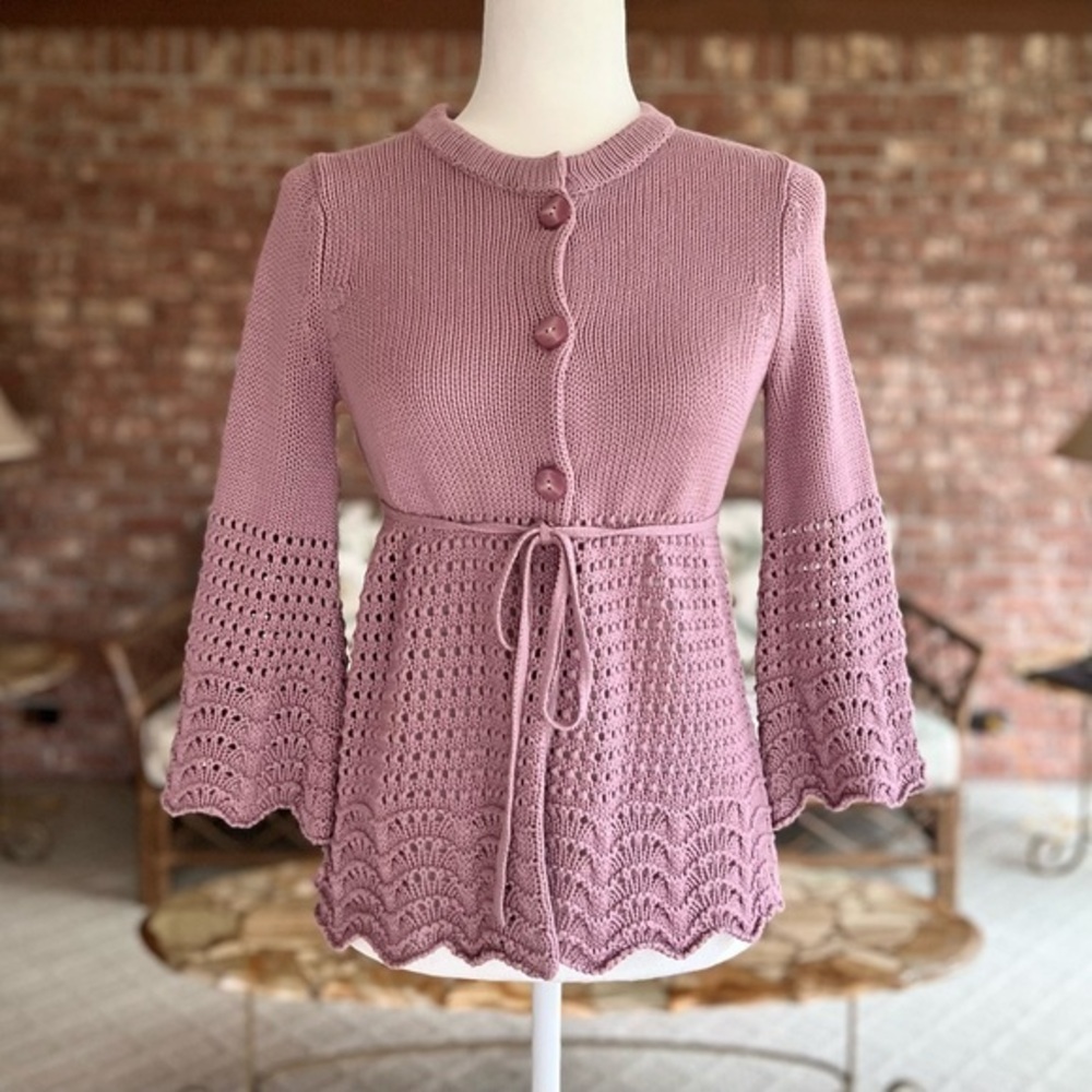 Moda International Dusty Pink Crochet Knit 3/4 Bell Sleeve Sweater XS Boho Chic
